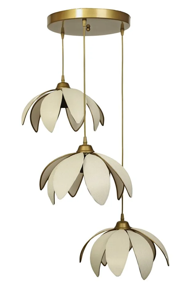 Lotus Çiçeği Tasarımlı 3'lü Sarkıt Modern Avize - Eskitme Çerçeveli Kumaş Kaplama